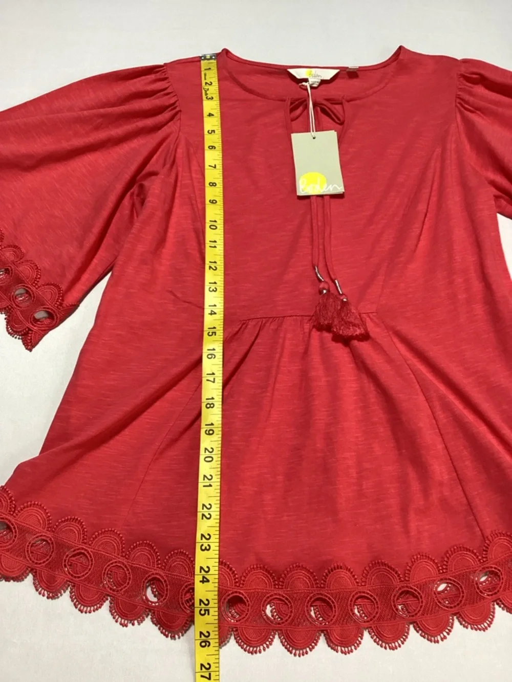 Boden Ayla Jersey Coral Tie-Neck Top with Scalloped Eyelet Trim - Picture 11 of 13